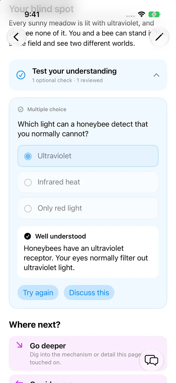 Test your understanding card with a multiple-choice question about ultraviolet and Well understood feedback