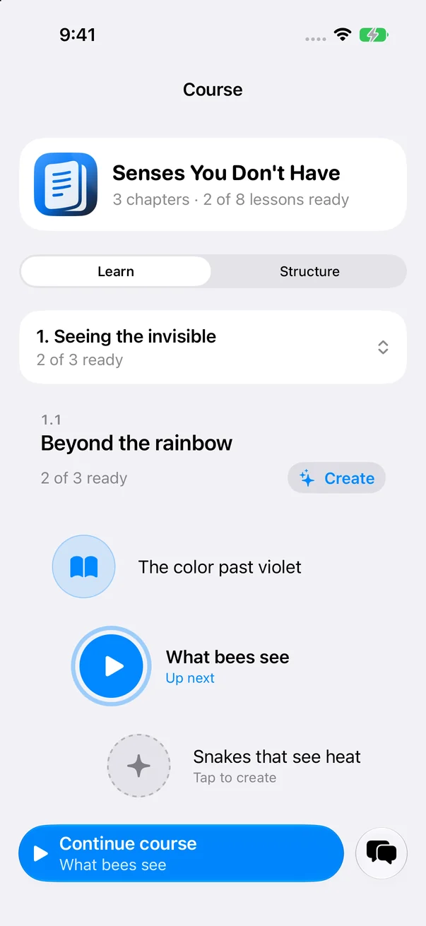 Course overview for Senses You Don't Have, with a learning path, an Up next lesson, and a Continue course button