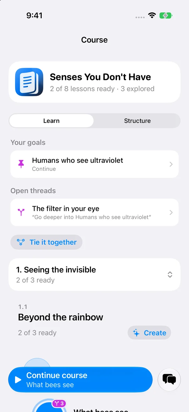 Course screen with Your goals, Open threads, and a Tie it together button above the learning path